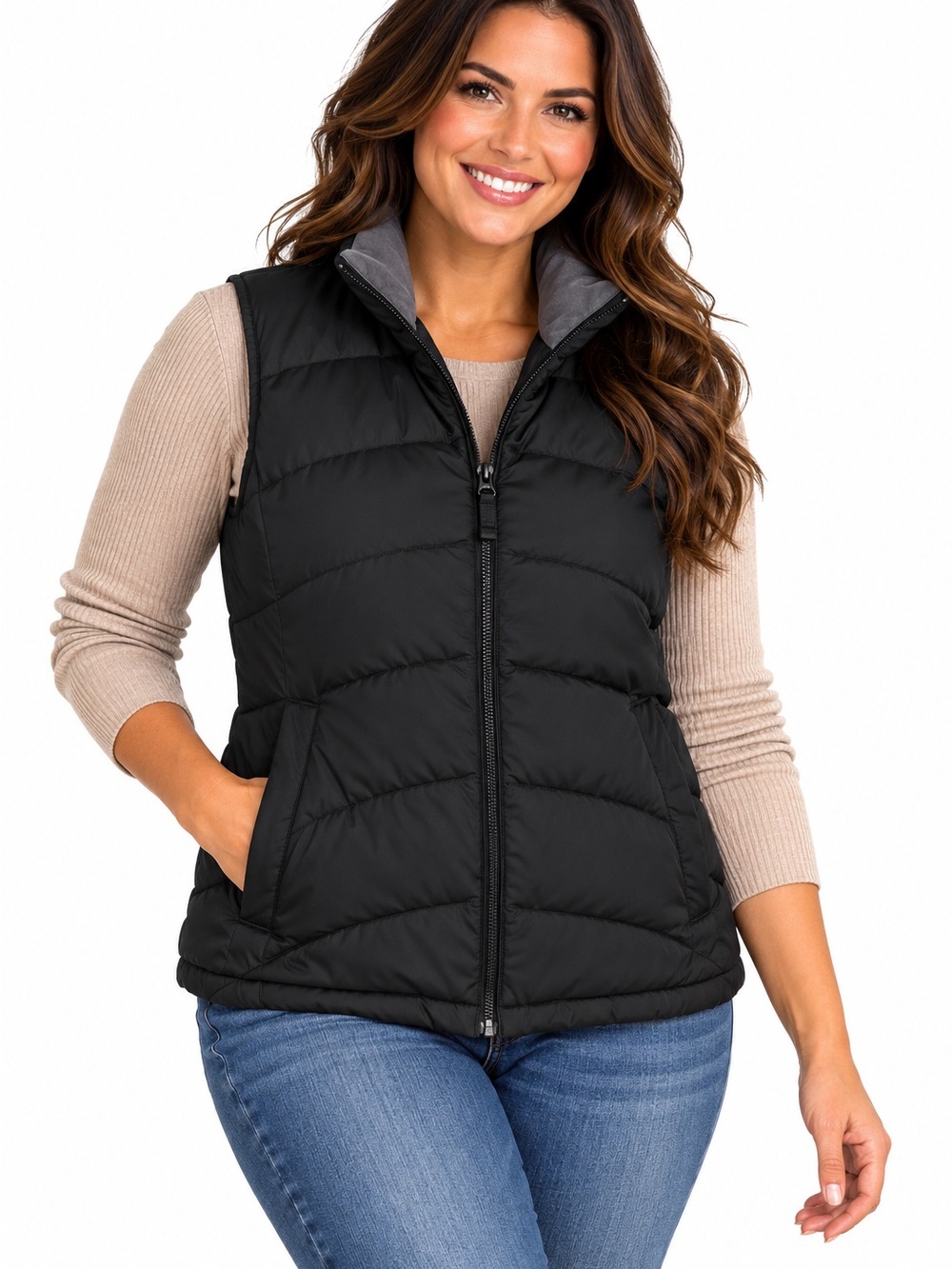 Lands’ End Puffer Vest Size M 10-12 Black 80% Down Full Zip Gray Collar Lining